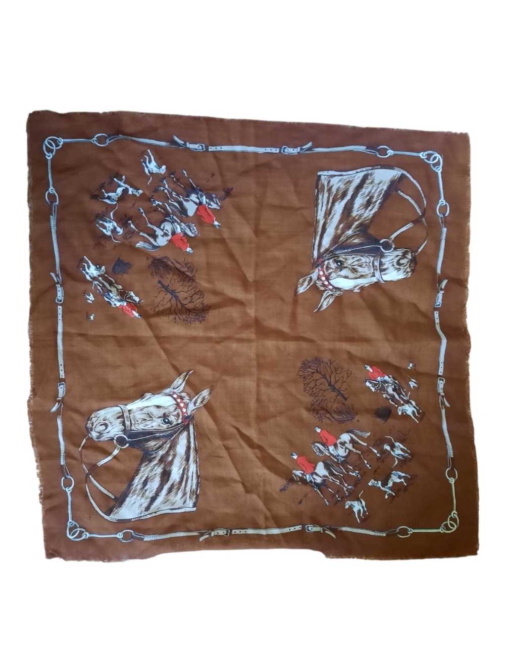 Vintage Hand Painted 100% Wool Equestrian Horse Hunting Square Scarf Fringe Edge